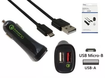 USB KFZ Q3 Charger, Ladeadapter+microUSB Kabel, Ausg. 1: 5V 2,4A; Ausg. 2: 5V/3A, 9V/2A, 12V/1,5A, schwarz, DINIC Box mit Euroloch, 1m